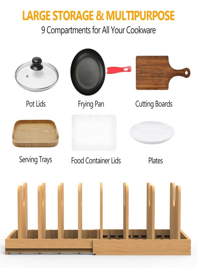FoverOne Expandable Pot Lid Organizer, Bamboo Pot and Pan Organizer for Under Cabinet, 16" to 28" Adjustable Length and 10 Dividers - Image 3